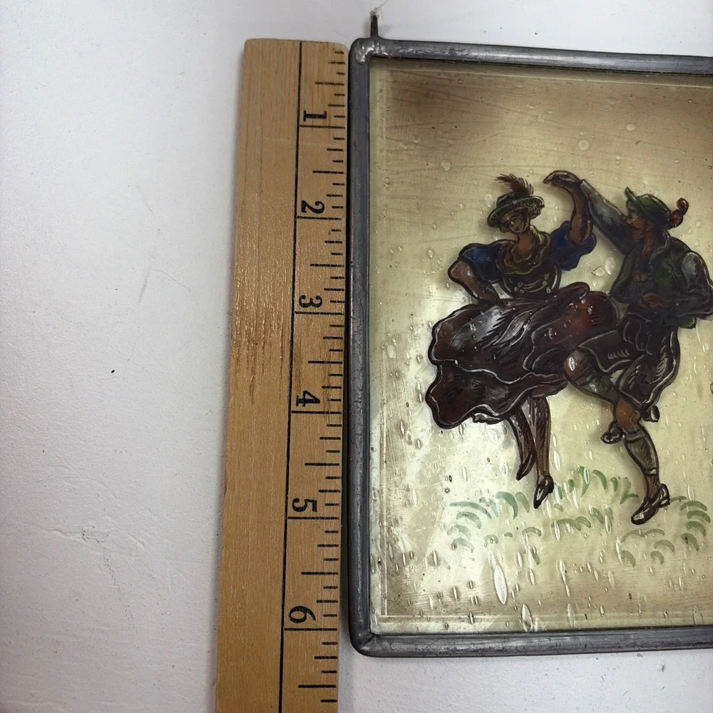 Vintage German Glass Reverse Painting Dancing Couple Metal Frame Oktoberfest